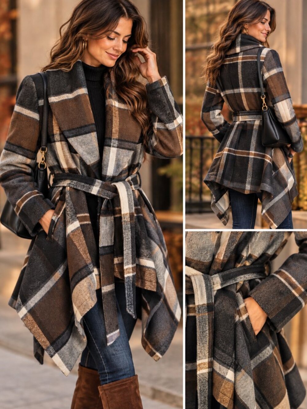 Chicwish Prairie Check Rabato Wool Plaid Waterfall Belted Coat M Boho Chic EUC
